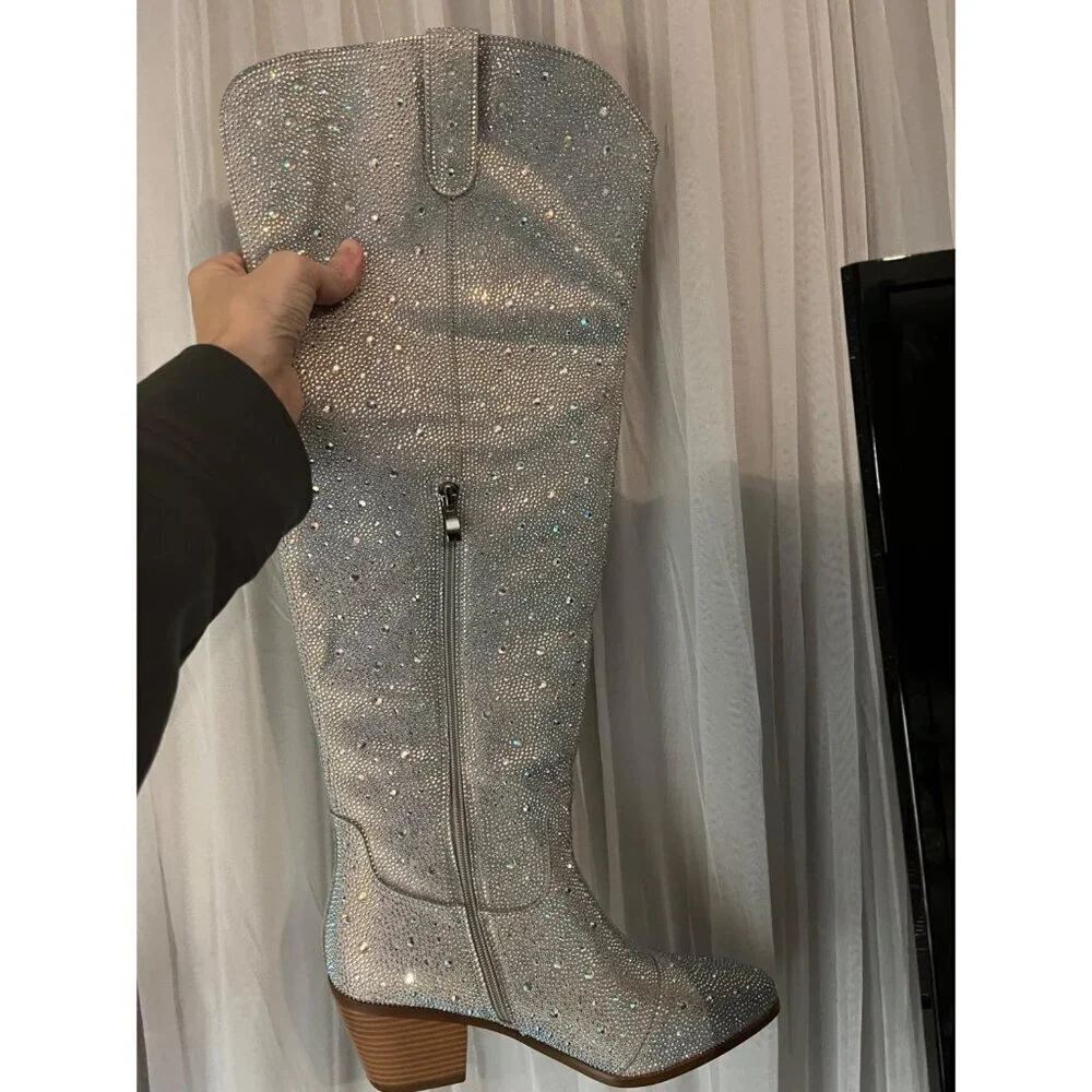 Women's Multicolor  Rhinestone Over The Knee Sparkly Bling Cowgirl Western Boots